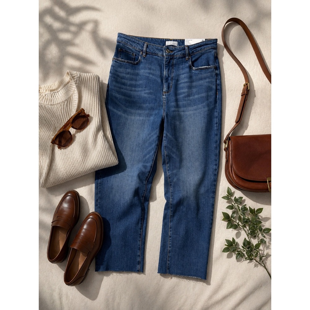 Loft The Straight Crop Jeans High Rise Curvy Fit Raw‎ Hem Blue Medium Wash 30/10